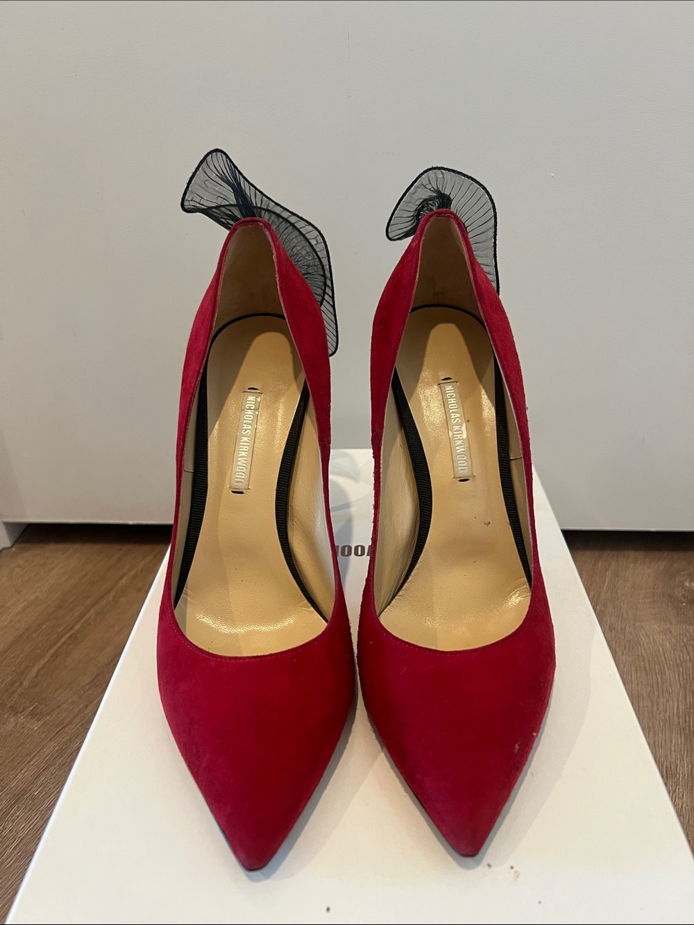 Nicholas Kirkwood Red Suede Pointed-Toe Pumps with Black Mesh Bow
